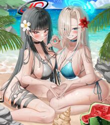 2girls absurdres alternate_costume asuna_(blue_archive) beach bikini black_bikini black_choker black_hair black_halo blonde_hair blue_archive blue_bikini blue_choker blue_halo blue_sky blunt_bangs blush breast_press breasts choker cleavage cloud collarbone commentary day eyes_visible_through_hair fingernails flower food fruit grin hair_flower hair_ornament hair_over_one_eye halo hashtag-only_commentary heart heart_hands heart_hands_duo highres holding_hands hsxxx large_breasts long_hair looking_at_viewer mole mole_on_breast multiple_girls nail_polish o-ring o-ring_bikini o-ring_thigh_strap outdoors parted_lips red_eyes red_flower red_nails rio_(blue_archive) side-tie_bikini_bottom simple_bird sky smile swimsuit teeth thigh_strap very_long_hair water watermelon wet white_flower