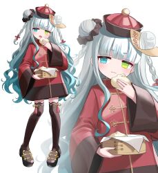 1girl absurdres aqua_eyes aqua_hair bamboo_steamer black_shoes blunt_bangs braid brown_thighhighs chinese_clothes closed_mouth double_bun eating food full_body gradient_hair green_eyes hair_bun hat head_tilt heterochromia highres holding holding_bamboo_steamer holding_food jiangshi kiki-yu lace lace_thighhighs long_hair long_sleeves looking_at_viewer multi-tied_hair multicolored_hair multiple_views ofuda ofuda_on_head open_mouth original qingdai_guanmao red_shirt shirt shoes simple_background standing steamed_bun talisman tangzhuang thighhighs twin_braids wavy_mouth white_background white_hair wide_sleeves zoom_layer