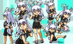 &gt;_&lt; 1girl animal_ears antlers black_sandals black_shirt black_shorts blush casual closed_eyes closed_mouth collar deer_antlers deer_ears deer_tail earrings extra_ears frilled_collar frills from_behind hair_between_eyes hair_tie high_heels highres horns jewelry kemono_friends kemono_friends_3 multiple_views nail_polish official_alternate_costume open_mouth orange_eyes plaid_clothes plaid_shirt polearm puffy_short_sleeves puffy_sleeves red_nails reindeer_antlers reindeer_girl sandals scrunchie shirt shirt_tucked_in short_sleeves shorts sidelocks sitting smile spear squatting srd_(srdsrd01) tail twintails two-tone_shirt weapon white_hair white_reindeer_(kemono_friends) white_shirt wrist_scrunchie