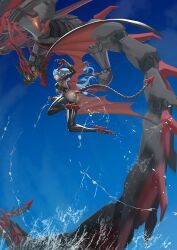 1girl ass azur_lane black_gloves blue_hair blue_sky boots breasts dragon_girl flying from_below full_body gloves highres horns latex_thigh_boots long_hair mechanical_tail medium_breasts non-humanoid_robot open_mouth pointy_ears red_horns regensburg_(azur_lane) robot robot_dragon sky sleeve_cuffs solo splashing tail thigh_boots very_long_hair wacky092 water wings
