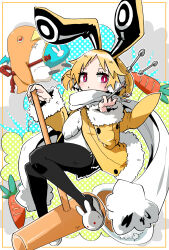 1girl animal_ears animal_slippers black_pantyhose bright_pupils bunny_slippers carrot coat disgaea earmuffs fur_trim hanimitsu_(bisko) highres holding holding_spoon kine makai_senki_disgaea_5 mallet pantyhose parted_lips prinny rabbit_ears rabbit_girl red_eyes scarf slippers spoon usalia_(disgaea) white_footwear white_pupils white_scarf