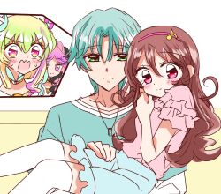 1boy 3girls bare_arms biwako_(biwa27) black_hair blonde_hair blunt_bangs blush brown_hair carrying choker couch crossover cure_kiss cure_zukyuun curled_ends curled_up curly_hair fortissimo frills green_eyes green_hair hair_extensions hair_ornament headband hibiki_kaito highres jewelry kimi_to_idol_precure kneehighs long_hair long_sleeves looking_at_viewer mature_male meroron_(human_form) multiple_girls musical_note musical_note_hair_ornament necklace oshi_no_ko parody parted_bangs pink_hair pink_shirt precure princess_carry puffy_pants puffy_short_sleeves puffy_sleeves purirun_(human_form) red_eyes sakura_uta_(precure) shirt short_hair short_sleeves sitting sitting_on_lap sitting_on_person socks surprised sweat sweatdrop white_socks wing_hair_ornament