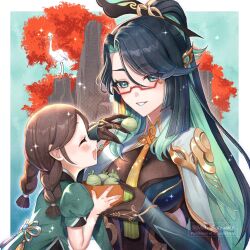 2girls :d ^_^ aqua_hair bird black_gloves black_hair braid brown_hair closed_eyes colored_inner_hair commentary_request crane_(animal) dress facing_another food genshin_impact glasses gloves green_dress green_eyes grin highres holding holding_food karanashi_mari long_hair multicolored_hair multiple_girls open_mouth ponytail puffy_short_sleeves puffy_sleeves short_sleeves shuyu_(genshin_impact) smile twin_braids twintails upper_body xianyun_(genshin_impact) yuandai_(genshin_impact)