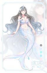 1girl absurdres bikini black_hair blue_bikini blue_eyes blue_tail breasts cleavage fins flower full_body hair_flower hair_ornament head_fins highres liliantsai0417 long_hair medium_breasts mermaid monster_girl navel original stomach swimsuit tail tail_flower tail_ornament variant_set very_long_hair
