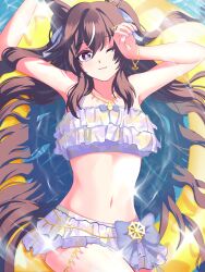 1girl :3 animal_ears armpits arms_up bare_shoulders bbreaad bikini bikini_skirt blush brown_hair commentary_request ear_ornament floral_print frilled_bikini frills hair_between_eyes hair_ornament hairclip highres horse_ears horse_girl horse_tail innertube jewelry looking_at_viewer lying mole mole_under_eye multicolored_hair nail_polish navel necklace official_alternate_costume on_back one_eye_closed purple_eyes purple_nails ruffle_bikini shadow sidelocks smile solo stomach streaked_hair swim_ring swimsuit tail twintails umamusume vivlos_(finest_smile_-_liftoff!)_(umamusume) vivlos_(umamusume) water white_hair