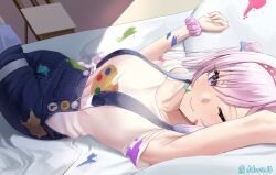 Rule 34 | 1girl, adapted costume, airani iofifteen, airani iofifteen (1st costume), armpits, blue overalls, blush, breasts, dobure18, highres, hololive, hololive indonesia, large breasts, lying, on back, on bed, one eye closed, overalls, pillow, purple eyes, purple hair, shirt, solo, virtual youtuber, white shirt