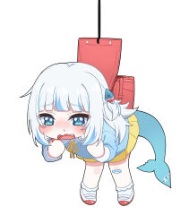 1girl absurdres backpack bag bandaid bandaid_on_knee bandaid_on_leg blue_bandaid blue_eyes blue_streaks blue_sweater blunt_bangs blush chibi chibi_only collared_shirt crying fins fish_tail gawr_gura grey_hair hair_ornament hanging highres hololive hololive_english multicolored_hair pleated_skirt randoseru red_shoes runny_nose shark_girl shark_hair_ornament shark_tail shirt shoes skirt snot socks solo streaked_hair sweater tail tears ugaaaa1 white_shirt white_socks yellow_skirt