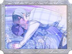 1boy adachi_imaru all_fours apron blue_eyes blue_jacket blue_vest border boys_be_maid! cowboy_shot crossdressing different_reflection double-parted_bangs flower flower_on_liquid frilled_apron frills grey_pants hair_between_eyes hair_flower hair_ornament hairclip heart heart_hair_ornament holding_hands interlocked_fingers jacket jersey_maid kneeling_on_liquid looking_at_viewer looking_to_the_side maid maid_apron maid_headdress male_focus male_maid official_art orchid ornate_border pants parted_lips plaid_clothes plaid_vest profile reflection ripples second-party_source shirt short_hair solo takashina_ranto track_jacket unconventional_maid vest water white_apron white_flower white_shirt zipper