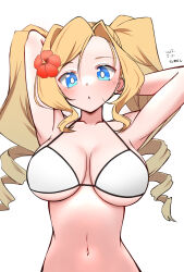 1girl arms_behind_head arms_up artist_name bikini black_trim blonde_hair blue_eyes breasts dated drill_hair flower hair_flower hair_ornament halterneck hibiscus highres honolulu_(kancolle) honolulu_(swimsuit)_(kancolle) kantai_collection large_breasts long_hair looking_at_viewer navel one-hour_drawing_challenge red_flower simple_background solo stomach string_bikini swimsuit twin_drills twintails upper_body wada-kun white_background white_bikini