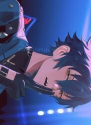 Rule 34 | 1boy, artist name, atikiotaku, backlighting, black gloves, black shirt, blue background, blue hair, blue jacket, close-up, collared shirt, ensemble stars!, fang, finger to mouth, gloves, hair between eyes, hand up, idol, jacket, looking at viewer, male focus, open mouth, sazanami jun, shirt, short hair, sideways glance, solo, stage lights, teeth, upper teeth only, yellow eyes