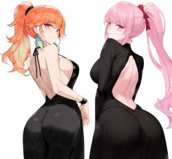 2girls absurdres alternate_costume ass back back_cutout backless_dress backless_outfit black_dress bluefield blush border breasts closed_mouth clothing_cutout commentary dress earrings english_commentary feather_earrings feathers from_behind gradient_hair green_hair hair_ribbon high_ponytail highres hololive hololive_english jewelry lace lace-trimmed_dress lace_trim large_breasts long_hair long_sleeves looking_at_viewer looking_back mori_calliope multicolored_hair multiple_girls orange_background orange_hair outside_border pink_eyes pink_hair ponytail purple_eyes red_eyes red_ribbon ribbon sideboob simple_background sleeveless sleeveless_dress smile takanashi_kiara v_arms virtual_youtuber white_background white_border wrist_straps