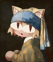 1girl :3 animal_ear_piercing animal_ears ball_hands bandana blue_bandana canvas_texture cat_ears cat_girl faux_traditional_media fine_art_parody from_side girl_with_a_pearl_earring highres joaoloss4 looking_at_viewer neco-arc open_mouth parody portrait short_hair slit_pupils solo tsukihime