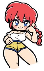 1girl :3 bkub blue_eyes blush braid breasts cropped_legs high-waist_shorts highres long_hair medium_breasts off_shoulder ranma-chan ranma_1/2 red_hair short_shorts shorts simple_background single_braid solo strap_slip tank_top white_background white_tank_top yellow_shorts