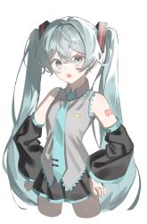 Rule 34 | 1girl, aqua eyes, aqua hair, aqua necktie, aqua trim, black skirt, black sleeves, blush, collared shirt, detached sleeves, double-parted bangs, grey shirt, hair intakes, hands on own hips, hatsune miku, highres, jjeogi38, looking at viewer, necktie, number tattoo, open mouth, pleated skirt, shirt, skirt, solo, tattoo, vocaloid
