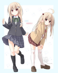 2girls :o ahoge black_jacket black_shoes black_socks blazer blonde_dog_girl_(ri-net) blonde_hair bow brown_cardigan brown_eyes brown_shoes brown_skirt cardigan cat_hair_ornament character_watermark collared_shirt commentary_request green_bow grey_skirt hair_between_eyes hair_ornament hairclip highres jacket kneehighs leaning_forward loafers long_hair multiple_girls open_cardigan open_clothes original over-kneehighs parted_lips plaid_bow plaid_clothes plaid_skirt pleated_skirt ri-net sailor_collar school_uniform serafuku shirt shoes siblings sisters skirt socks standing standing_on_one_leg thighhighs twins twitter_username two_side_up very_long_hair white_sailor_collar white_shirt white_thighhighs
