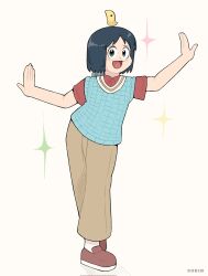 Rule 34 | 1girl, :d, android, animal, animal on head, artist name, black hair, blue vest, brown pants, brown shoes, dress shirt, four-pointed star, grey eyes, highres, looking at viewer, mogura (nichijou), nichijou, on head, open mouth, pants, red shirt, shinonome nano, shirt, shoes, smile, socks, sokinnaganon, vest, white background, white socks, winding key