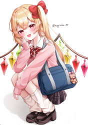 1girl :d absurdres bag black_shoes black_skirt blonde_hair blush bow bowtie cardigan commentary_request crystal crystal_wings diagonal-striped_bow diagonal-striped_bowtie diagonal-striped_clothes dot_nose double-parted_bangs duffel_bag fang flandre_scarlet full_body hair_bow hand_on_own_cheek hand_on_own_face hand_up heart heart_in_eye highres leg_warmers long_hair long_sleeves looking_at_viewer naarsann open_mouth pink_bow pink_cardigan plaid_clothes plaid_skirt red_bow red_bowtie red_eyes shoes side_ponytail simple_background skirt smile solo squatting striped_bow striped_bowtie striped_clothes stuffed_animal stuffed_toy symbol_in_eye teddy_bear teddy_bear_ornament touhou twitter_username white_background white_leg_warmers wing_collar wings