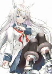 Rule 34 | 1girl, ahoge, animal ears, armored boots, black pantyhose, blue eyes, blue skirt, boots, commentary, hand up, horse ears, iyo (ya na kanji), jacket, long hair, looking at viewer, oguri cap (umamusume), pantyhose, red neckwear, sailor collar, silver boots, simple background, skirt, solo, umamusume, very long hair, white background, white hair, white jacket