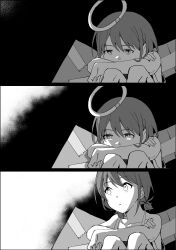 1girl absurdres cardboard commentary fake_halo fake_wings girls_band_cry greyscale halo highres iseri_nina low_twintails monochrome open_mouth r_bishh short_hair short_twintails twintails wings