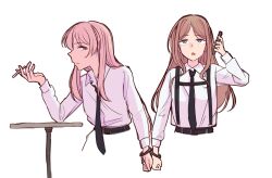 2girls bang_dream! bang_dream!_it&#039;s_mygo!!!!! black_necktie blue_eyes brown_hair cellphone chihaya_anon cigarette closed_mouth collared_shirt commentary_request cuffs grey_eyes handcuffs highres holding holding_cigarette holding_phone multiple_girls nagasaki_soyo necktie open_mouth phone pink_hair shared_handcuffs shibadooog shirt simple_background smartphone smoking suspenders talking_on_phone white_background white_shirt