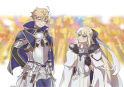 1boy 1girl aesc_(fate) aesc_(savior)_(fate) black_gloves blonde_hair blue_eyes blush bow closed_eyes fate/grand_order fate_(series) gloves hair_between_eyes hair_bow highres long_hair ponytail qamusapaya short_hair smile uther_pendragon_(fate)