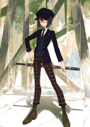 Rule 34 | 1other, arm at side, black hat, black jacket, blazer, blue vest, boots, brown boots, buttons, closed mouth, collared shirt, fate/grand order, fate (series), full body, game cg, glasses, hair between eyes, hand on own hip, hat, jacket, lace-up boots, lapels, layered sleeves, legs apart, long sleeves, looking to the side, necktie, newsboy cap, notched lapels, official art, open clothes, open jacket, orange eyes, other focus, pants, plaid clothes, plaid pants, purple hair, rectangular eyewear, red-framed eyewear, red necktie, sheath, sheathed, shirt, short hair, sidelocks, smile, solo, standing, third-party source, tie clip, unbuttoned, variant set, vest, waistcoat, wataru rei, weapon, weapon on back, white shirt, wing collar, yamato takeru (fate), yamato takeru (second ascension) (fate)