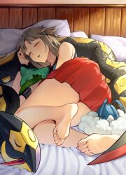 1girl ariekochan ass barefoot bed blue_shirt blush breasts brown_hair bulbasaur closed_eyes closed_mouth gen_1_pokemon gen_3_pokemon highres leaf_(pokemon) long_hair lying nintendo on_bed on_side open_mouth pokemon pokemon_(creature) pokemon_frlg red_skirt seviper shirt skirt sleeping sleeveless sleeveless_shirt swablu thighs wristband