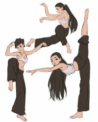 1girl artist_request black_hair feet flexible pants smile standing standing_on_one_leg tagme