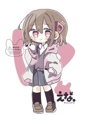 1girl absurdres artist_name black_socks blush_stickers brown_hair brown_shoes brown_sweater closed_mouth collared_shirt commentary_request ena_1510 full_body grey_skirt hair_ornament highres holding holding_pencil hood hoodie kneehighs long_sleeves looking_at_viewer mole mole_under_eye open_clothes open_hoodie original outline pencil pink_eyes pink_streaks pleated_skirt shirt shoes short_hair skirt smile socks solo standing sweater twitter_username watermark white_hoodie white_outline white_shirt wing_collar