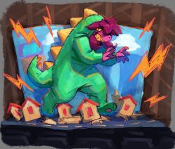 1girl claw_pose colored_sclera colored_skin colored_teeth crushing deltarune dinosaur_costume dinosaur_hood dinosaur_tail grin highres hood hood_up long_hair looking_at_viewer messy_hair miniature model pink_scales pink_skin purple_hair sharp_teeth sideways_glance smile solo spoilers starcat_bloom stepping stitches susie_(dark_world)_(deltarune) susie_(deltarune) tail teeth yellow_sclera yellow_teeth