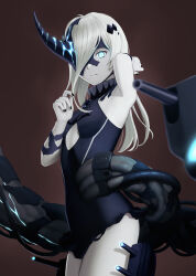 Rule 34 | 1girl, abyssal ship, arm up, black dress, black nails, black one-piece swimsuit, blue eyes, breasts, brown background, closed mouth, dress, glowing, glowing eye, grey hair, hair between eyes, highres, horns, kantai collection, long hair, looking at viewer, nail polish, ne-class heavy cruiser, one-piece swimsuit, pale skin, porupurucha, ship turret, simple background, single horn, sleeveless, small breasts, solo, swimsuit