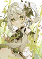 1girl bare_shoulders bracelet closed_mouth commentary detached_sleeves dress genshin_impact gold_trim gradient_hair green_eyes green_hair green_sleeves hair_between_eyes hair_ornament hashtag-only_commentary highres jewelry kumane_(osakanadonn) leaf_hair_ornament light_blush long_hair looking_at_viewer multicolored_hair nahida_(genshin_impact) on_swing pointy_ears side_ponytail sitting sleeveless sleeveless_dress smile solo star-shaped_pupils star_(symbol) swing symbol-shaped_pupils white_dress white_hair