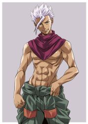 1boy abs brown_eyes clothes_around_waist dark-skinned_male dark_skin grin gundam gundam_tekketsu_no_orphans highres jacket jacket_around_waist looking_at_viewer male_focus nagayori orga_itsuka scarf smile solo toned toned_male topless_male white_hair