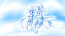 1boy 1girl 2000s_(style) arch_bishop_(ragnarok_online) arm_up blue_theme boots cavalier_hat closed_mouth commentary_request dress fishnet_thighhighs fishnets flower full_body hair_tubes hat hat_flower high_heels juliet_sleeves long_hair long_sleeves looking_at_viewer miesa monochrome open_mouth plume puffy_sleeves ragnarok_online ranger_(ragnarok_online) scarf shirt shoes short_hair shorts sidelocks sleeveless sleeveless_shirt smile standing tam_(ragnarok_online) thighhighs