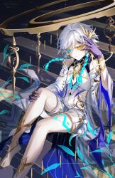 Rule 34 | 1boy, alternate eye color, alternate hair color, aqua eyes, aqua hair, artist name, braid, closed mouth, commentary request, cosplay, dated, detached sleeves, eyelashes, feathers, feet, genshin impact, gloves, gold trim, gradient hair, hair ornament, halo, hand up, heterochromia, highres, istaroth (genshin impact), istaroth (genshin impact) (cosplay), leg tattoo, long sleeves, looking at viewer, male focus, medium hair, multicolored hair, muxi297, plant, pom pom (clothes), purple gloves, shirt, short shorts, shorts, side braids, signature, sitting, sitting on stairs, sleeveless, sleeveless shirt, smile, solo, stairs, tattoo, twin braids, venti (genshin impact), white hair, white shirt, white shorts, white sleeves, wide sleeves, yellow eyes