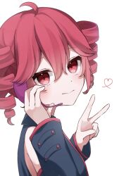 1girl ahoge black_shirt black_sleeves blush closed_mouth commentary_request detached_sleeves drill_hair from_side hair_between_eyes hands_up headphones highres kasane_teto kasane_teto_(utau) looking_at_viewer looking_to_the_side microphone nanase_setsu red_eyes red_hair shirt simple_background smile solo transparent_background twin_drills utau v