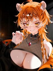 1girl ahoge animal_ear_fluff black_collar black_hair braid breasts candle chain chain_necklace cleavage collar collarbone commentary ear_piercing emirisu english_commentary eyebrow_piercing hair_between_eyes highres jewelry long_hair long_sleeves mole mole_on_breast multicolored_hair multiple_braids necklace orange_eyes orange_hair piercing solo taigavs upper_body virtual_youtuber vsekai white_hair