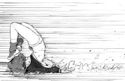 1girl ^^^ absurdres animal_ears arched_back ass bear_ears bear_tail blunt_sidelocks clothes_lift coat coat_lift commentary crotch dress dress_lift dust_cloud english_commentary extended_upskirt faceplant from_side go!_go!_gris! greyscale gris_(go!_go!_gris!) hair_tie half_updo highres hood hood_down hooded_coat invisible_floor kneehighs leg_warmers legs_up long_sleeves monochrome motion_blur motion_lines multicolored_coat original panties pantyshot ponytail shoes short_hair short_ponytail short_tail sidelocks socks solo star_(symbol) star_print stomach tail thighs top-down_bottom-up two-tone_coat underwear upside-down upskirt vertigris white_background wide_shot