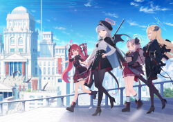 4girls :d ahoge akari_(blue_archive) architecture assault_rifle bag bird black_footwear black_gloves black_horns black_jacket black_pantyhose black_skirt black_tail black_wings blue_archive blue_halo blue_sky braid brown_eyes burger curled_horns day demon_horns demon_wings food food_on_face from_side full_body game_cg gehenna_academy_logo gloves gourmet_research_society_(blue_archive) grenade_launcher grey_hair gun h&amp;k_hk416 h&amp;k_psg1 hair_between_eyes hair_ornament hairclip halo haruna_(blue_archive) high-waist_skirt high_heels highres holding holding_burger holding_food horns izumi_(blue_archive) jacket jacket_on_shoulders junko_(blue_archive) long_hair long_sleeves looking_at_viewer m320 machine_gun mg3 multiple_girls necktie non-web_source official_art on_stairs open_clothes open_jacket open_mouth outdoors over_shoulder pantyhose paper_bag plaid_clothes plaid_skirt pleated_skirt pointing pointy_ears railing red_eyes red_hair red_halo red_necktie red_skirt rifle shirt short_sleeves side_braid single_wing skirt sky smile sniper_rifle stairs stg44 thigh_strap tile_floor tiles twintails underbarrel_grenade_launcher walking weapon weapon_on_back weapon_over_shoulder white_shirt wings yellow_halo