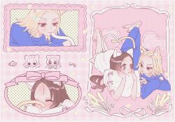 Rule 34 | 1boy, 1girl, animal ears, brown eyes, brown hair, cat ears, cat tail, closed eyes, couple, face-framing short strand, holding, holding pillow, loose hair strand, m15391599, on bed, pajamas, parted bangs, pillow, round eyes, sano manjirou, tail, tokyo revengers
