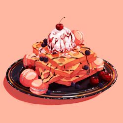 blueberry cherry chocolate commentary english_commentary food food_focus fruit highres ice_cream ice_cream_scoop_(utensil) macaron mumechi no_humans orange_background original plate simple_background waffle whipped_cream