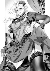 1boy anger_vein blush braid clothes_lift cloud_strife cloud_strife_(blue_dress) corset crossdressing crossdressing_(mtf) dress dress_lift final_fantasy final_fantasy_vii final_fantasy_vii_remake fishnet_sleeves fishnets frilled_sleeves frills garter_straps greyscale highres lace lace-trimmed_thighhighs lace-up_top lace_trim long_dress monochrome official_alternate_costume solo spiked_hair spoken_anger_vein thighhighs thighs twin_braids yajiro_masaru zettai_ryouiki