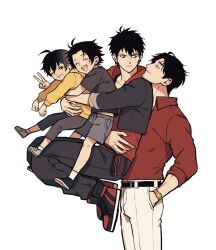 Rule 34 | 4boys, :d, aged down, ahoge, amayado rei, beard stubble, belt, black belt, black hair, black jacket, black pants, black shirt, black shoes, boy sandwich, buster bros!!!, capri pants, cheekbones, choppy bangs, closed eyes, collarbone, collared shirt, cropped jacket, dn stage, earrings, eye contact, facial hair, family, from side, frown, furrowed brow, glaring, grey pants, grey shorts, hair between eyes, hand in pocket, head on another&#039;s shoulder, high tops, hood, hood down, hoodie, hug, hug from behind, hypnosis mic, jacket, jacket over hoodie, jewelry, jpeg artifacts, knees up, lifting person, light blush, looking at another, male focus, mature eyes, mature male, mole, mole under eye, mole under mouth, multicolored shoes, multiple boys, multiple moles, mustache stubble, one eye closed, open clothes, open jacket, open mouth, pants, pants tucked in, parted hair, profile, red hoodie, red shirt, sandwiched, shirt, shirt tucked in, shoes, short hair, shorts, simple background, sleeves rolled up, smile, sneakers, socks, stubble, stud earrings, t-shirt, teeth, two-tone shoes, v, v-shaped eyebrows, wallet chain, watch, white background, white pants, white shoes, white socks, wristwatch, yamada ichiro, yamada jiro, yamada saburo, yellow hoodie
