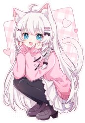 1girl ahoge animal_ear_fluff animal_ears arm_support artist_name black_pantyhose black_ribbon blue_eyes border braid brown_shoes cardigan cat_ears cat_girl cat_tail clenched_hands commentary fang frilled_skirt frills full_body hair_ornament hair_ribbon hairclip heart heart_hair_ornament highres loafers long_hair long_sleeves looking_at_viewer open_mouth original outline pantyhose pink_background pink_cardigan plaid_background ribbon sailor_collar shoes skin_fang skirt sleeves_past_wrists smile solo squatting symbol-only_commentary tail twin_braids very_long_hair white_border white_hair white_outline white_sailor_collar white_skirt x_hair_ornament yukomeow