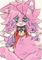 Rule 34 | @ @, animal ears, breasts, crossed bangs, double v, fangs, fox ears, fox girl, fox tail, green eyes, hair between eyes, highres, karasuma234, long hair, messy hair, original, pink hair, simple background, small breasts, tail, uru (karasuma234), v, white background, wrist cuffs