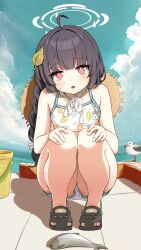 1girl ahoge animal_print bikini black_hair blue_archive blush bright_pupils comodox crocs fish grey_halo halo hat_on_back highres leaf leaf_on_head leaf_print loli long_hair looking_at_viewer miyu_(blue_archive) miyu_(swimsuit)_(blue_archive) open_mouth print_bikini rabbit_print red_eyes solo squatting sweat swimsuit white_pupils
