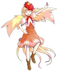 1girl :d alphes_(style) bird blonde_hair boots brown_boots commentary_request dairi full_body hand_on_own_hip highres multicolored_hair niwatari_kutaka open_mouth outstretched_arm parody puffy_short_sleeves puffy_sleeves red_eyes red_hair short_hair short_sleeves smile solo standing straight-on style_parody tachi-e tail touhou transparent_background two-tone_hair wings