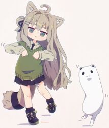 1girl :&lt; ahoge animal_ear_fluff animal_ears bandaid bandaid_on_leg black_necktie black_ribbon black_shoes black_skirt black_socks blush borrowed_character brown_hair cat_ears cat_girl cat_tail closed_mouth collared_shirt dancing full_body green_eyes hair_bun hair_intakes hair_ornament hair_ribbon hairclip highres jitome kipfel_(vrchat) long_hair long_sleeves looking_at_viewer miniskirt motion_lines necktie one_side_up paw_pose pleated_skirt ratozumi ribbon shadow shirt shoes simple_background skirt socks solo standing standing_on_one_leg sweater sweater_vest tail twitter_username very_long_hair vest vrchat white_background white_shirt