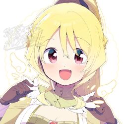 Rule 34 | 1girl, adjusting collar, angel wings, black gloves, black scrunchie, blonde hair, braid, breasts, buttons, cartoon wings, chest jewel, cleavage, collar, detached collar, detached wings, dot nose, eyes visible through hair, feather trim, gloves, green collar, green skirt, green sleeves, hair between eyes, hair ornament, hair scrunchie, half up half down braid, happy, high collar, high ponytail, highres, jacket, long hair, long sleeves, looking at viewer, magia record: mahou shoujo madoka magica gaiden, magical girl, mahou shoujo madoka magica, open clothes, open jacket, open mouth, outline, paru rari, pink eyes, ponytail, red gloves, scrunchie, sidelocks, skirt, smile, solo, tareme, togame momoko, twitter username, upper body, watermark, watermark grid, wavy hair, white background, white jacket, white sleeve cuffs, wings, yellow outline