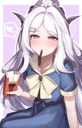 1girl absurdres ahoge alternate_costume arm_at_side belt_around_waist black_horns blue_archive blue_dress blush bow commentary_request cowboy_shot demon_girl demon_horns dress eyelashes flying_sweatdrops food food_in_mouth hair_between_eyes hair_ornament hairclip hairpin heart highres hina_(blue_archive) holding holding_food holding_pocky horns incoming_pocky_kiss long_hair looking_at_viewer nose_blush oiru_(613) parted_bangs pocky pocky_day pocky_in_mouth purple_background purple_eyes purple_horns short_sleeves sitting solo speech_bubble spoken_heart tsurime very_long_hair white_hair
